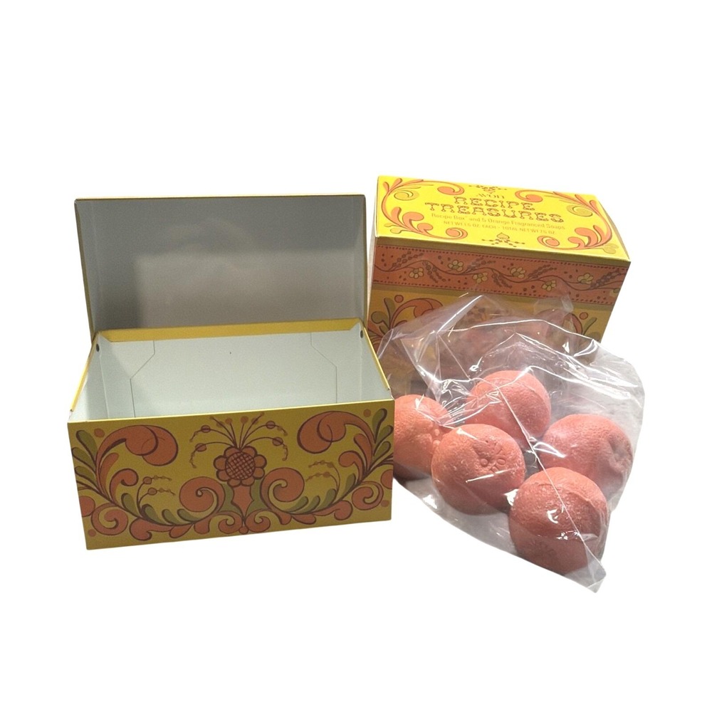 VTG 70s Avon Recipe treasures Metal Recipe FBox Orange fragranced Soaps NWB nos